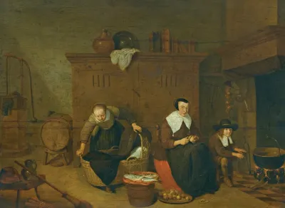 An Interior With A Woman Peeling Turnips