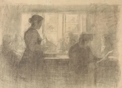 An Interior With Figures Around A Table