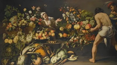 An Interior With Fruits Vegetables And Flowers Arranged Over A Table And The Floor With A Woman And Two Men