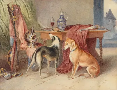 An Interior With Greyhounds And A Still Life With Pieces Of Armour