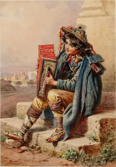 An Italian Boy With A Harmonica In An Italian Landscape With Ruins