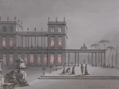 An Italian Fete Figures On Terrace Of A Palazzo
