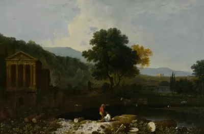 An Italian River Scene With The Temple Of Clitumnus And Ruins Two Figures And Cows
