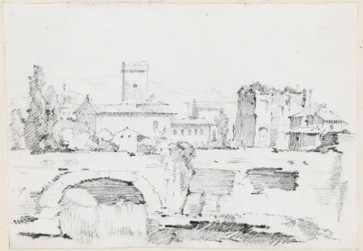 An Italian Town With A Stone Bridge And A Waterfall