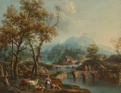 An Italianate Lake Landscape With Travellers Crossing A Bridge A Lakeside Town Beyond