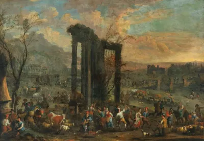 An Italianate Landscape With A Market Scene