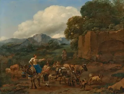 An Italianate Landscape With A Shepherdess On A Mule And A Shepherd Herding Cattle Sheep Donkeys And Dogs On A Mountain Track Next To Ruins