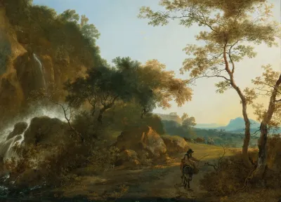 An Italianate Landscape With A Traveller On A Path By A Waterfall