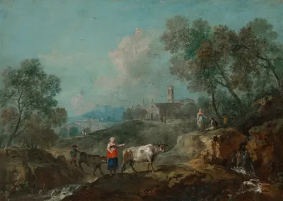 An Italianate Landscape With Peasants Herding Cattle Near A Stream A Town Beyond