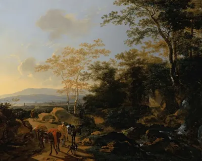 An Italianate Landscape With Travelers And Mules By A Waterfall