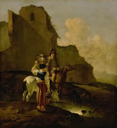 An Italianate Landscape With Two Peasants And Horses Near Ruins
