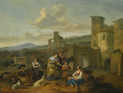 An Italianate Landscape With Vegetable Sellers