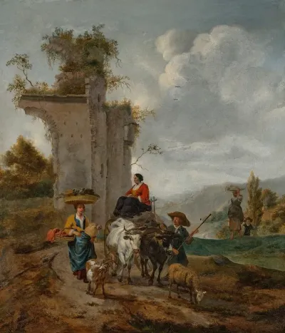 An Italianate Landscape With Villagers And An Ox Cart