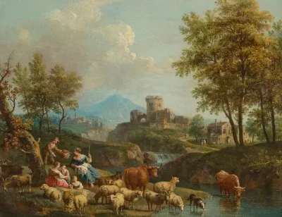 An Italianate River Landscape With Drovers And Cattle On A Track A Village Beyond