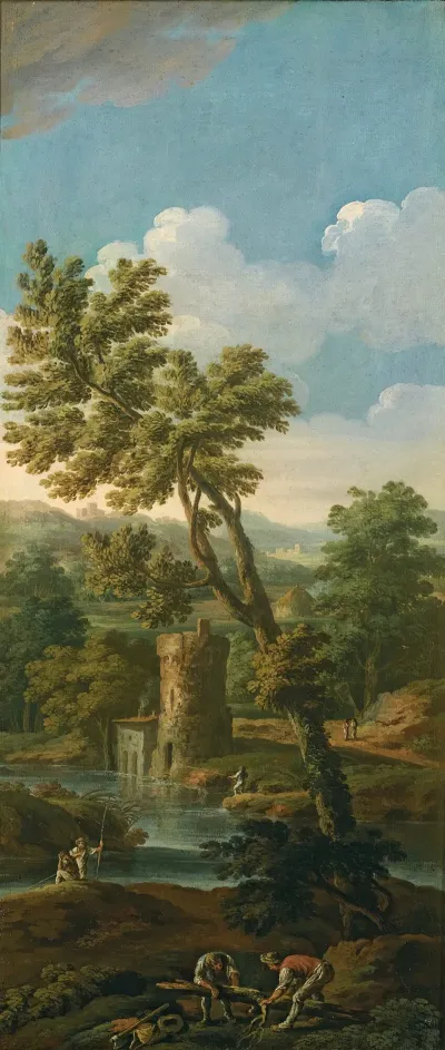 An Italianate River Landscape With Figures In The Foreground Breaking Up A Tree Fishermen And Mountains Beyond