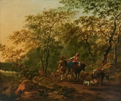 An Italianate Wooded Landscape With A Woman Riding An Ox And A Drover Beside With His Animals