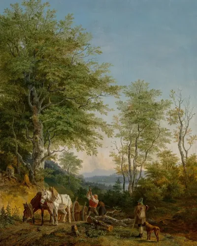 An Italianate Wooded Landscape With A Woodcutter And His Team Of Horses And A Passerby With His Dog