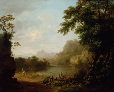 An Italianate Wooded River Landscape With Figures