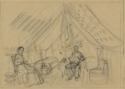 An Officer And A Woman Sitting In A Tent