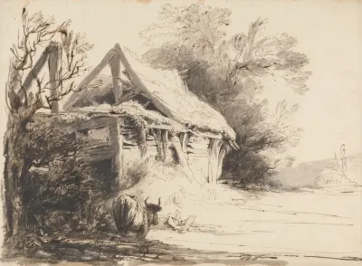 An Old Barn Trees And Cow