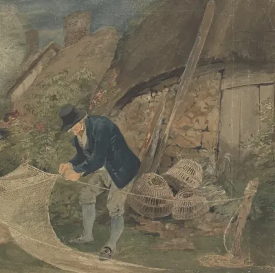 An Old Fisherman Repairing Nets With A Cottage In The Background