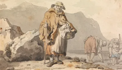 An Old Fisherwoman With Two Women Digging For Bait