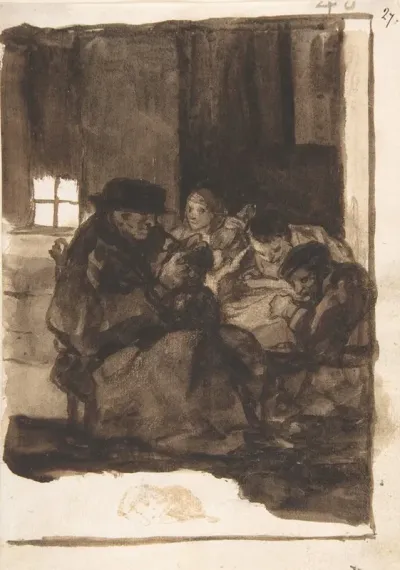 An Old Man Delousing A Boy In An Interior Accompanied By Three Figures
