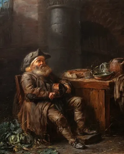 An Old Man Playing The Vielle In An Interior