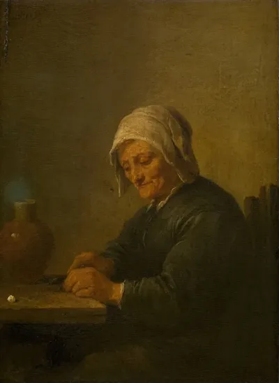 An Old Woman Cutting Tobacco