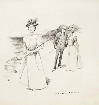 An Older Woman Walks Along Some Rocks Holding A Sword Behind Her Walk A Young Couple Taking With Each Other