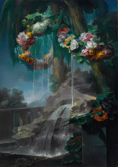 An Outdoor Scene With A Spring Flowing Into A Pool With Garlands Of Flowers And An Aqueduct Beyond