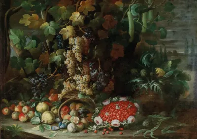 An Overturned Basket Of Fruit Flowers And Vegetables With A Strawberry Filled Garland In A Villa Garden