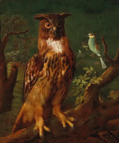 An Owl And A Blue Tit Sitting In A Tree
