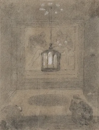 An Underground Shrine With Two Figures Kneeling Before A Pieta