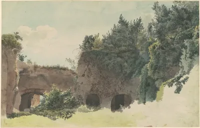 Ancient Roman Ruins Overgrown With Trees And Bushes
