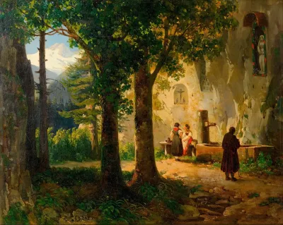 Andachtige Bei Einer Heilquelle Landschaft Mit Brunnen