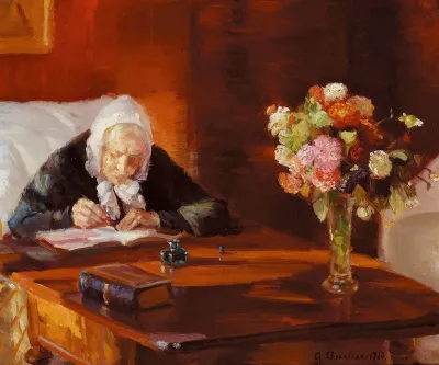 Ane Hedvig Brondum Siddende Ved Sit Skrivebord I Den Rode Stue