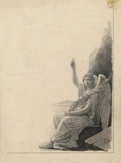 Angel With Feather Pen Raises Finger In The Air