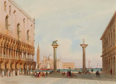 Ansicht Der Piazzetta In Venedig Mit Dem Dogenpalast Und Blick Auf Il Redentore