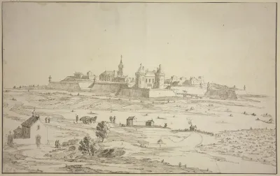 Ansicht Einer Befestigten Stadt Links Vorne Eine Kapelle