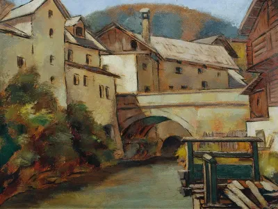 Ansicht Einer Stadt Mit Fluss Und Brucke