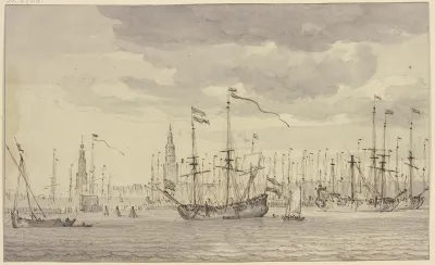 Ansicht Eines Hafens Mit Vielen Schiffen Und Einer Stadt Mit Zwei Kirchturmen Amsterdam