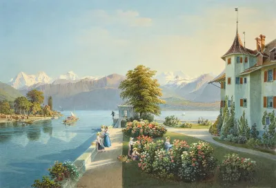 Ansicht Vom Thunersee Mit Berner Alpen Und Schloss Schadau