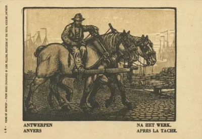 Ansichtkaart Met Een Voorstelling Van Een Havenarbeider Met Twee Paarden Te Antwerpen