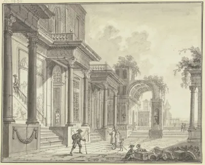 Antiker Palast Mit Arkade Und Durchblick Auf Architektur Und Landschaft Im Vordergrund Staffagefiguren