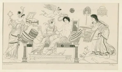 Apollo And Aphrodite On Cushioned Couch Flanked By Female Attendants With Basket Mirror Box And Magic Wheel
