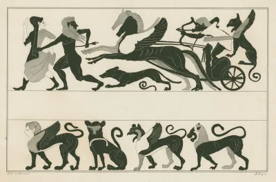 Apollo In Chariot Drawn By Two Winged Horses Sphinx Panther Griffin And Lion