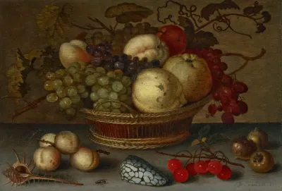 Apples And Grapes In A Basket With Fruit And Shells On A Stone Ledge