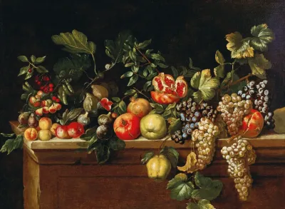 Apples Grapes Figs And Pomegranates And Other Fruit On A Ledge
