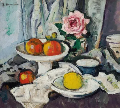 Apples In A White Fruitbowl And A Pink Rose In A Vase